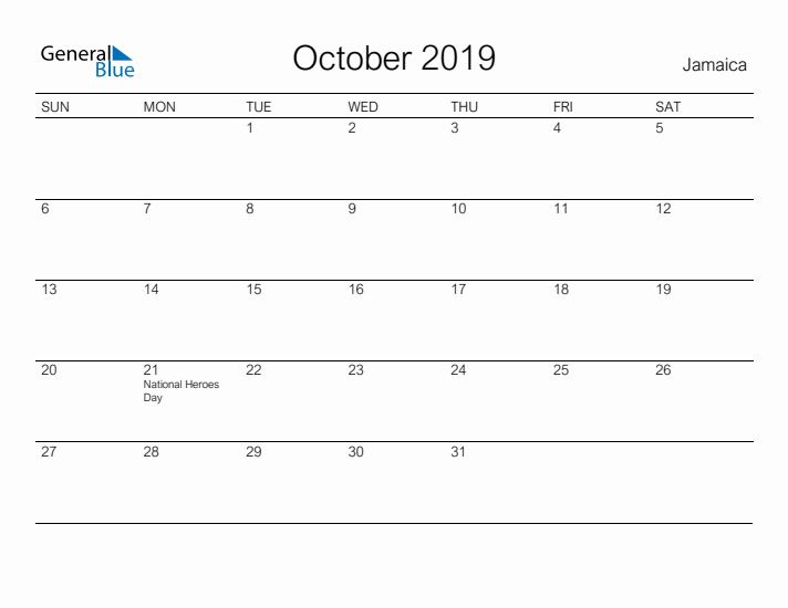 Printable October 2019 Calendar for Jamaica