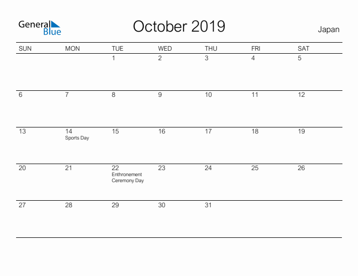 Printable October 2019 Calendar for Japan