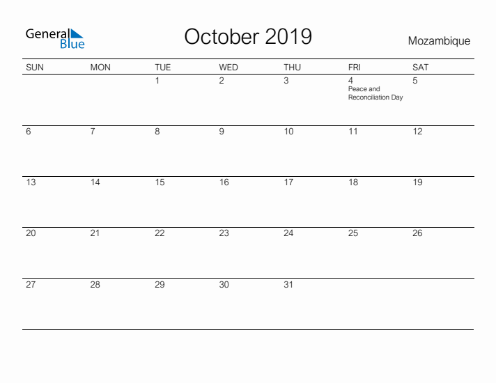 Printable October 2019 Calendar for Mozambique
