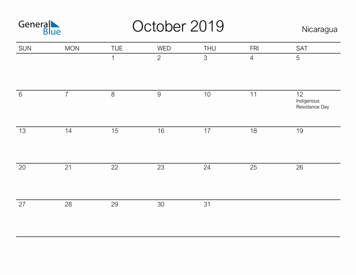 Printable October 2019 Calendar for Nicaragua