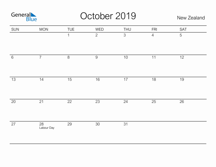 Printable October 2019 Calendar for New Zealand