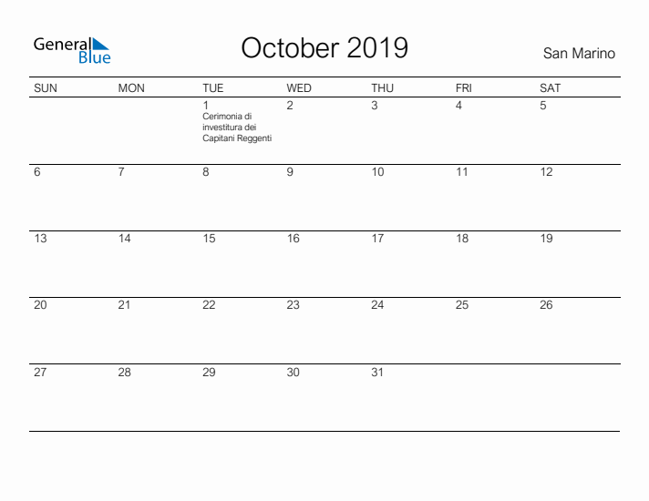 Printable October 2019 Calendar for San Marino