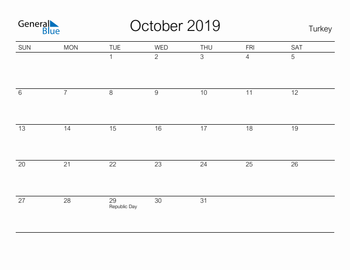 Printable October 2019 Calendar for Turkey