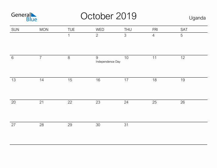 Printable October 2019 Calendar for Uganda