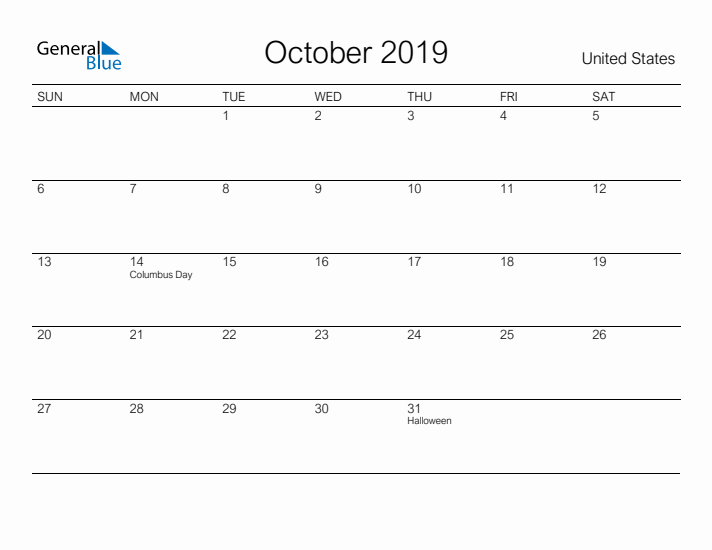 Printable October 2019 Calendar for United States
