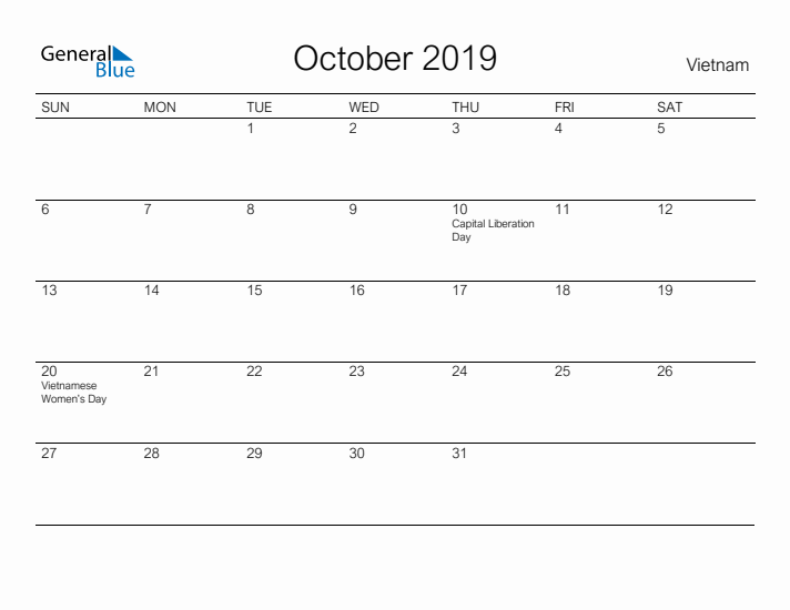 Printable October 2019 Calendar for Vietnam
