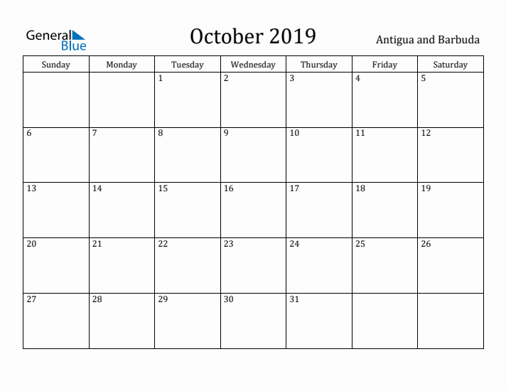October 2019 Calendar Antigua and Barbuda