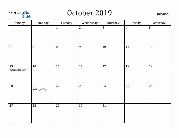 October 2019 Calendar Burundi