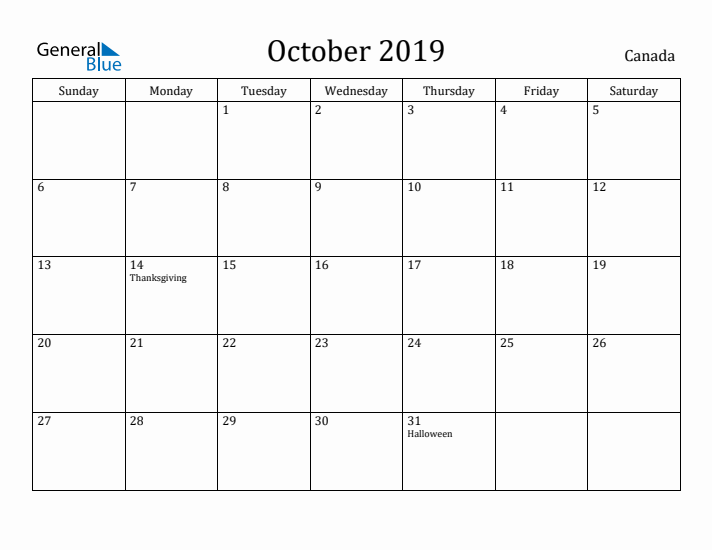 October 2019 Calendar Canada