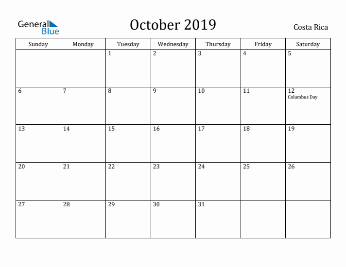 October 2019 Calendar Costa Rica