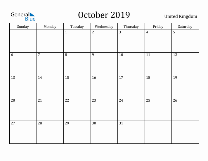 October 2019 Calendar United Kingdom