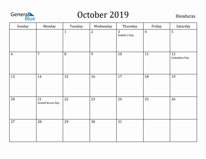 October 2019 Calendar Honduras