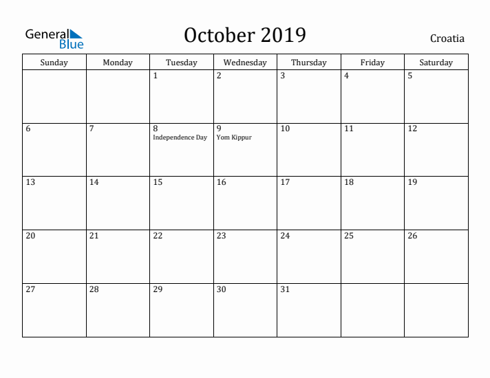 October 2019 Calendar Croatia