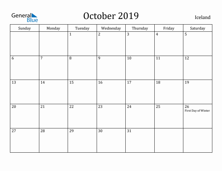 October 2019 Calendar Iceland
