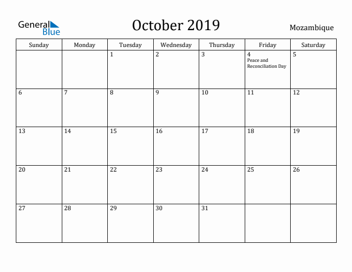 October 2019 Calendar Mozambique