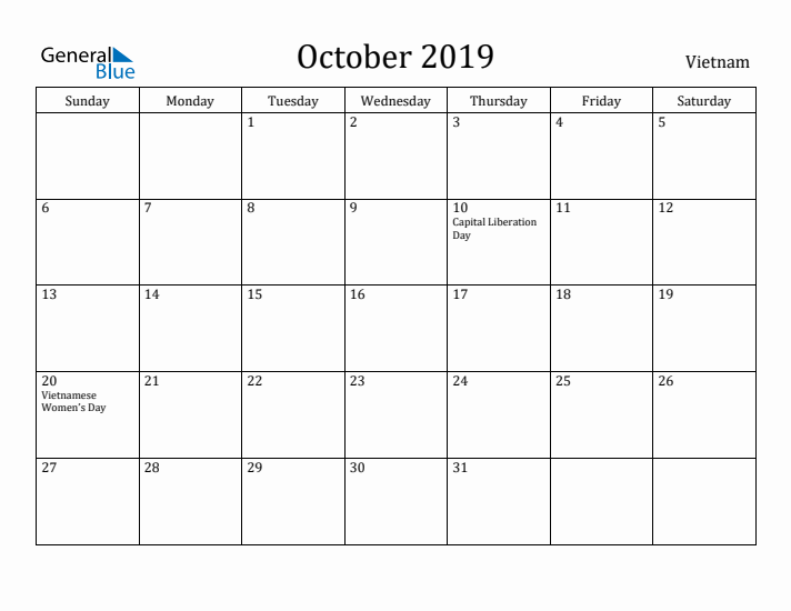 October 2019 Calendar Vietnam