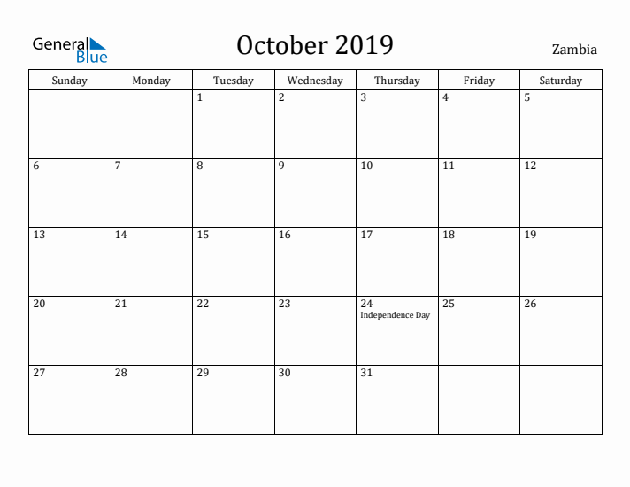 October 2019 Calendar Zambia