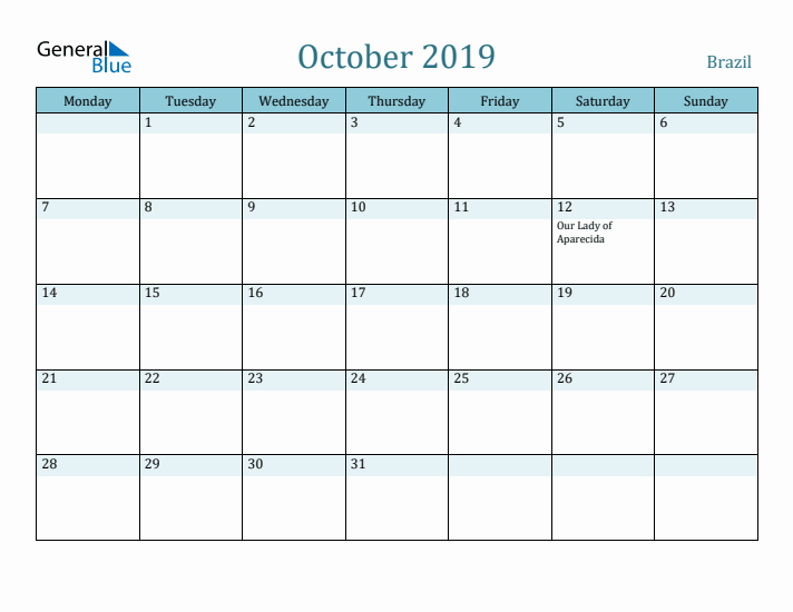 October 2019 Calendar with Holidays