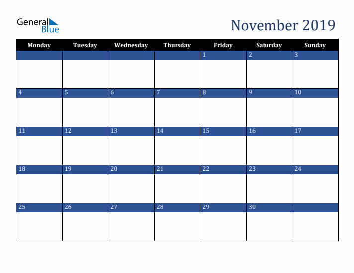 Monday Start Calendar for November 2019