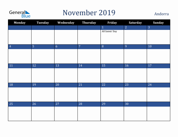 November 2019 Andorra Calendar (Monday Start)