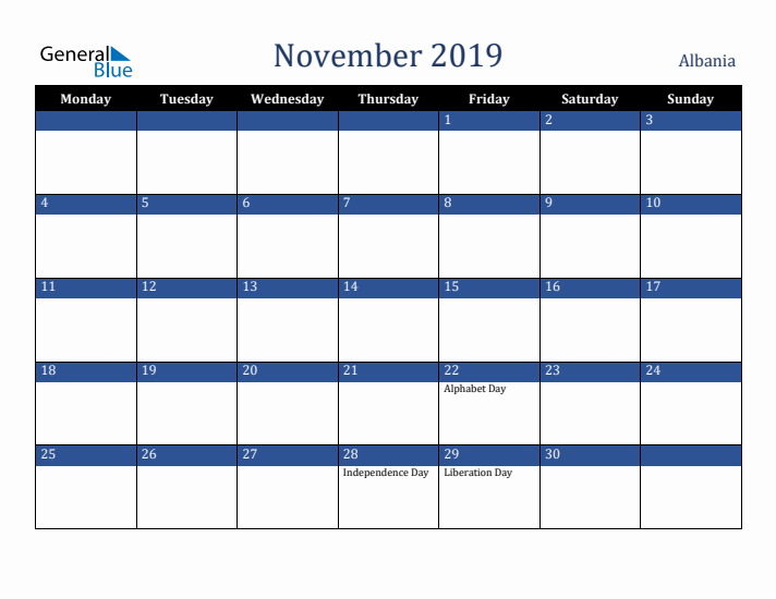 November 2019 Albania Calendar (Monday Start)