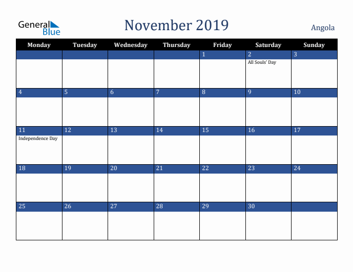 November 2019 Angola Calendar (Monday Start)