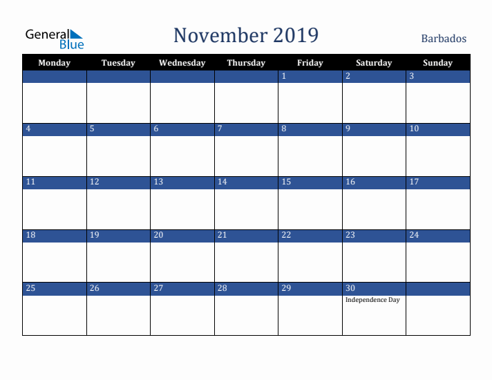 November 2019 Barbados Calendar (Monday Start)