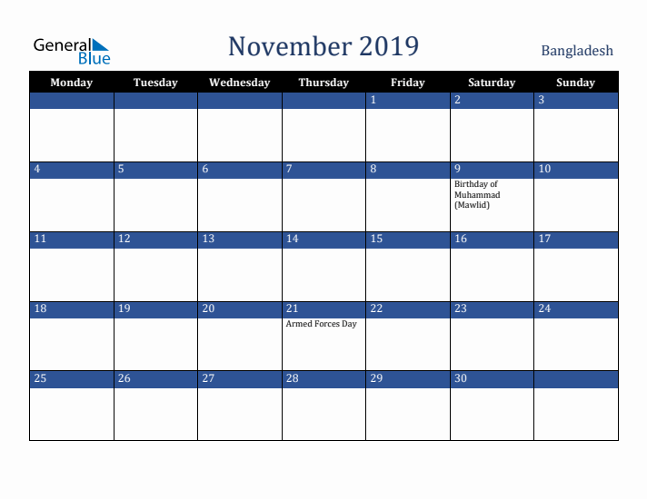 November 2019 Bangladesh Calendar (Monday Start)