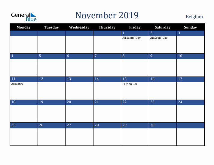 November 2019 Belgium Calendar (Monday Start)