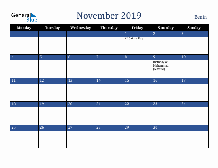 November 2019 Benin Calendar (Monday Start)