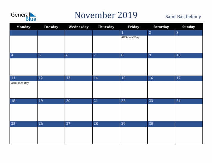 November 2019 Saint Barthelemy Calendar (Monday Start)