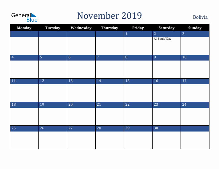 November 2019 Bolivia Calendar (Monday Start)