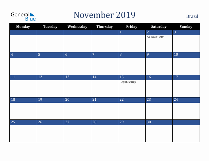 November 2019 Brazil Calendar (Monday Start)