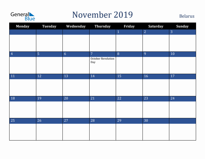 November 2019 Belarus Calendar (Monday Start)