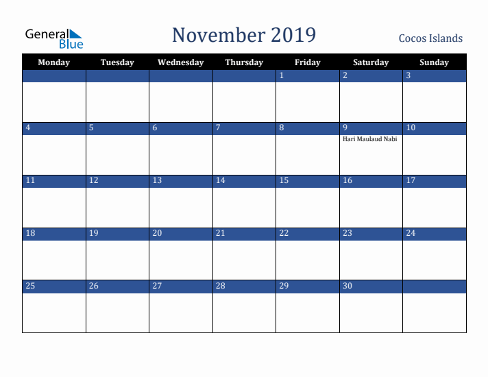 November 2019 Cocos Islands Calendar (Monday Start)