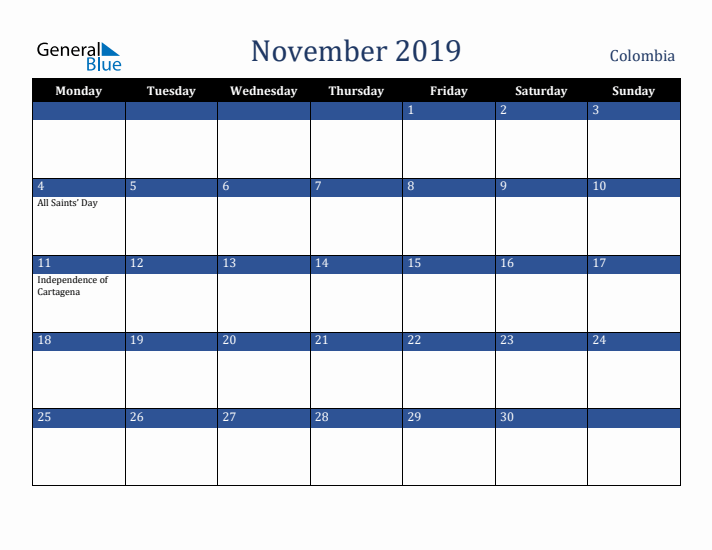 November 2019 Colombia Calendar (Monday Start)