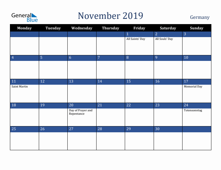 November 2019 Germany Calendar (Monday Start)