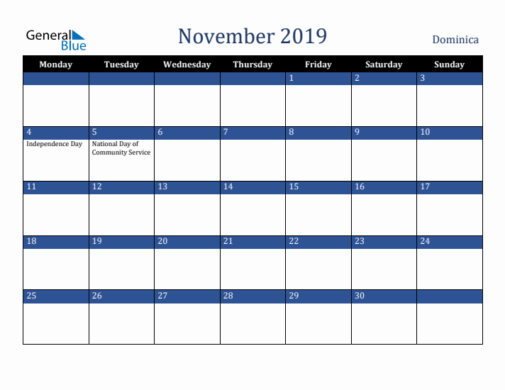 November 2019 Dominica Calendar (Monday Start)