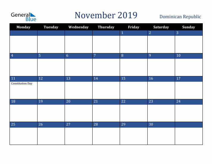 November 2019 Dominican Republic Calendar (Monday Start)