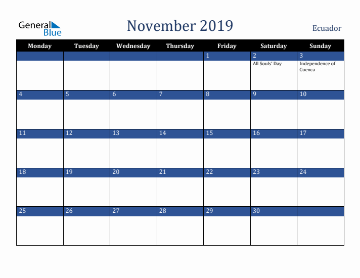 November 2019 Ecuador Calendar (Monday Start)