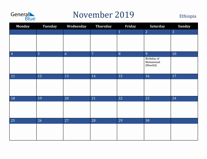 November 2019 Ethiopia Calendar (Monday Start)