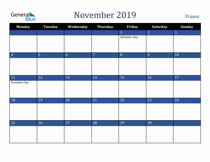November 2019 France Calendar (Monday Start)