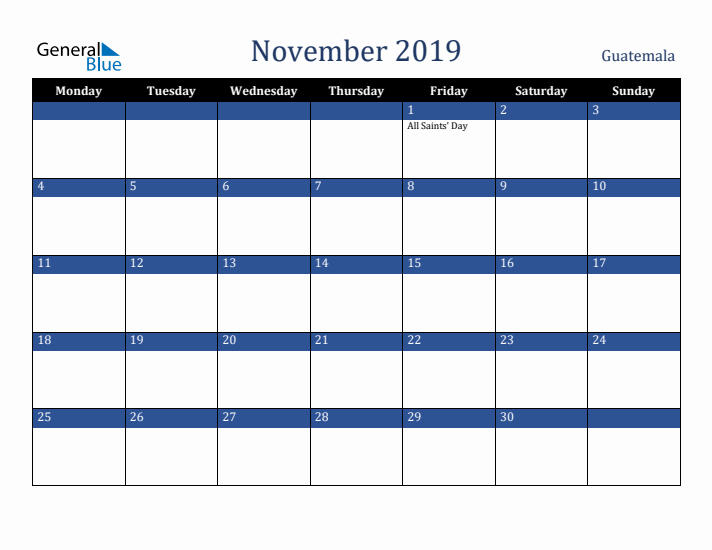 November 2019 Guatemala Calendar (Monday Start)