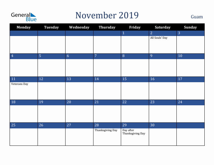 November 2019 Guam Calendar (Monday Start)