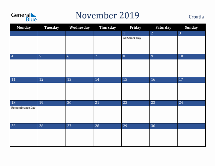 November 2019 Croatia Calendar (Monday Start)