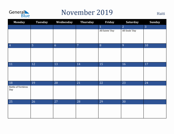 November 2019 Haiti Calendar (Monday Start)