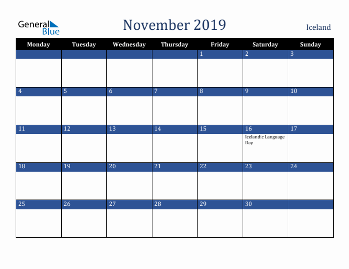 November 2019 Iceland Calendar (Monday Start)