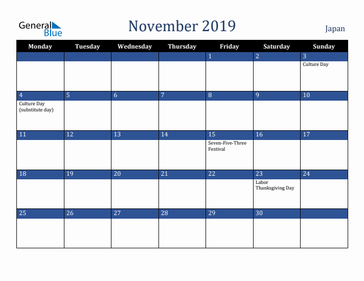 November 2019 Japan Calendar (Monday Start)