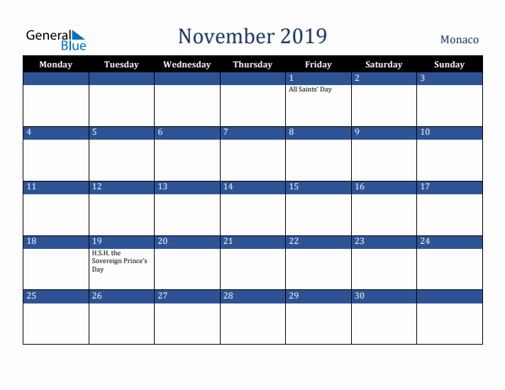 November 2019 Monaco Calendar (Monday Start)