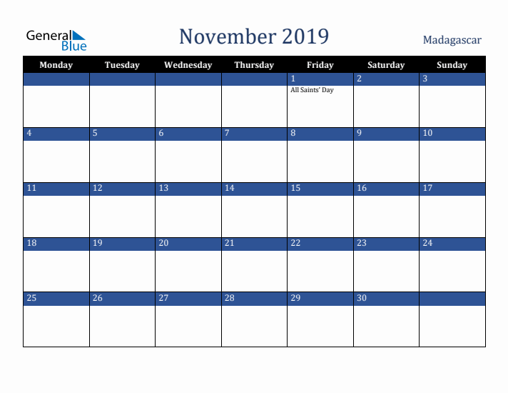 November 2019 Madagascar Calendar (Monday Start)